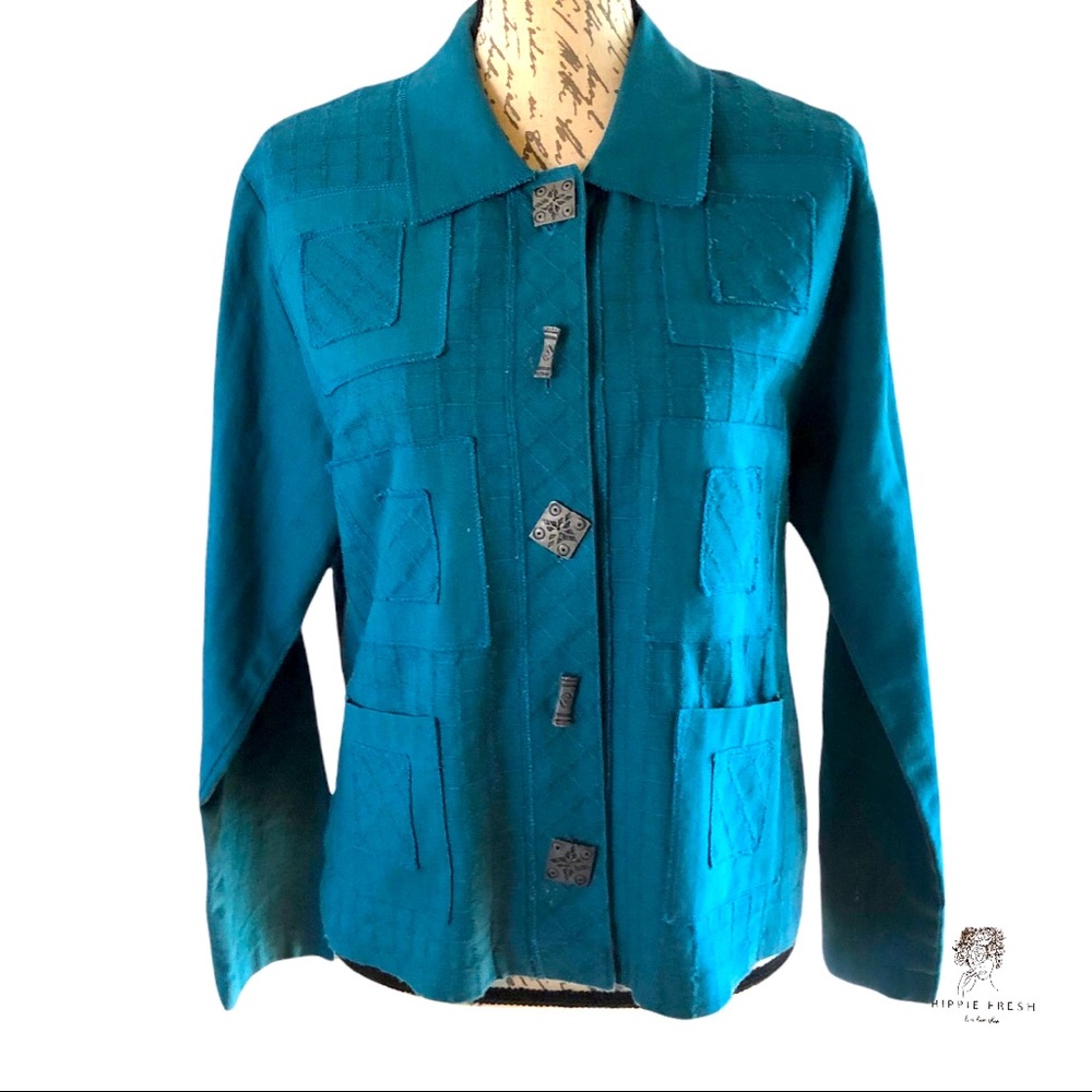 Vintage Saint Germain Paris Turquoise Flax/Cotton Short Sleeve Blouse Size M
